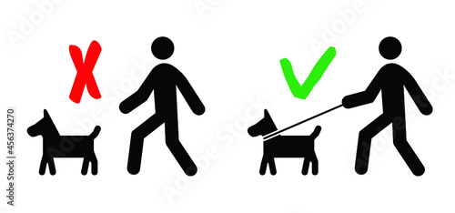 Walking with the dog, keep your dog on a leash. Cartoon walk with hound and lead icon. Pet on lead allowed only. Vector stick figure dog pictogram. Silhouette of a dog. Stickfigure or stickman logo