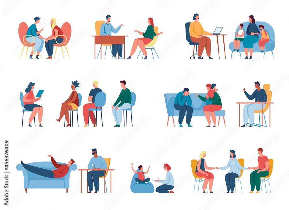 Fototapeta premium People at therapy session with psychologist, counseling psychology. Professional psychotherapist talking to patient, children therapy vector set. Appointment at doctor office providing medical help