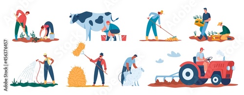 Agricultural workers harvesting plants, farmers working in field. Farmer watering crops, shearing sheep, tilling soil with tractor vector set. Character milking cow, collecting potatoes