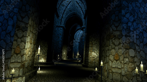 
Scary medieval church at night. Endless stone corridor with candles. 3d rendering.