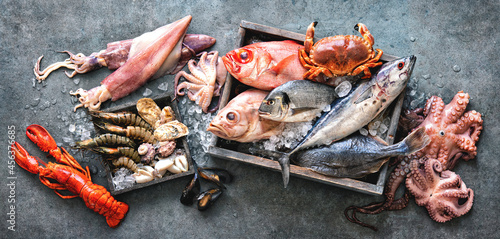 Assortment of fresh fish and seafood photo