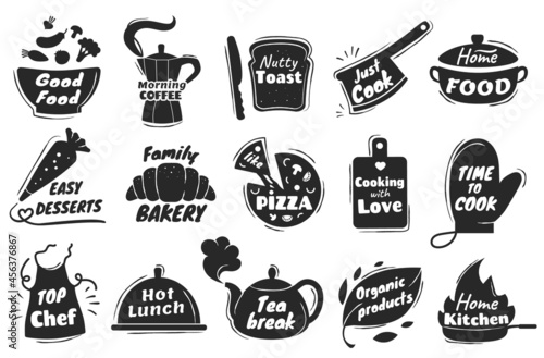 Cooking lettering logo, kitchen utensil emblem, home baking badge. Cookery and bakery quotes, restaurant or cafe menu logos vector set. Family bakery and desserts, shop with organic products
