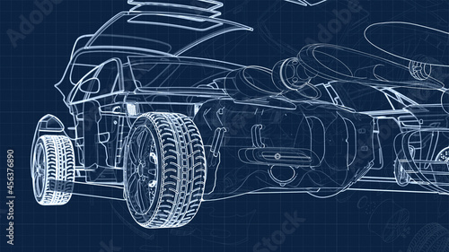 drawing of a car and its parts on a blue millimeter substrate
