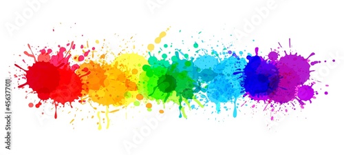 Paint splatter banner, rainbow watercolor paint stains. Colorful splattered spray paints, abstract color ink explosion vector background. Beautiful bright spot design, festive splashes