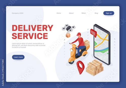 Isometric delivery service landing page, online shopping. Drone delivering packages, courier on scooter. Food delivery concept vector web banner. Shipping mobile application with map