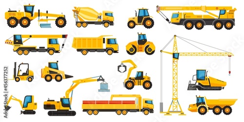Construction heavy machinery, building equipment and vehicles. Forklift, crane, tractor, bulldozer, excavator vector set. Special large powerful machines for road repair. Engineering concept
