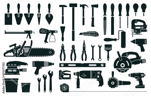 Construction tools, home repair or renovation instruments silhouette. Hammer, screwdriver, drill, pliers. Carpenter building tool icon vector set. Professional equipment for house remodeling