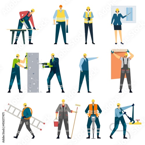 Building construction worker, contractor, engineer, architect, builder. Professional maintenance, home renovation and repair workers Vector set. Wallpapering and painting walls with roller
