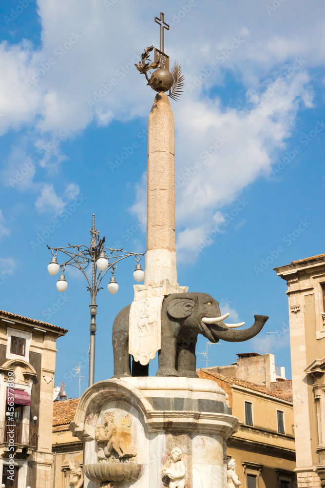 The Fontana dell'Elefante (elephant's fountain) symbol of Catania, Italy, assembled in 1736