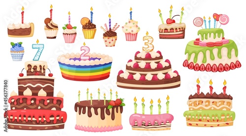 Cartoon cakes and cupcakes with candles, delicious sweet desserts. Birthday celebration chocolate cake, cupcake and pastry vector set. Holiday party confectionery decorated with glaze and fruit
