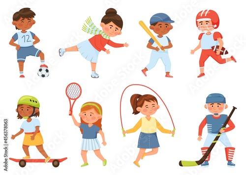 Cartoon happy school children playing sports and exercising. Sport activities for kids baseball, skipping rope, tennis, skateboarding, vector set. Active female and male characters
