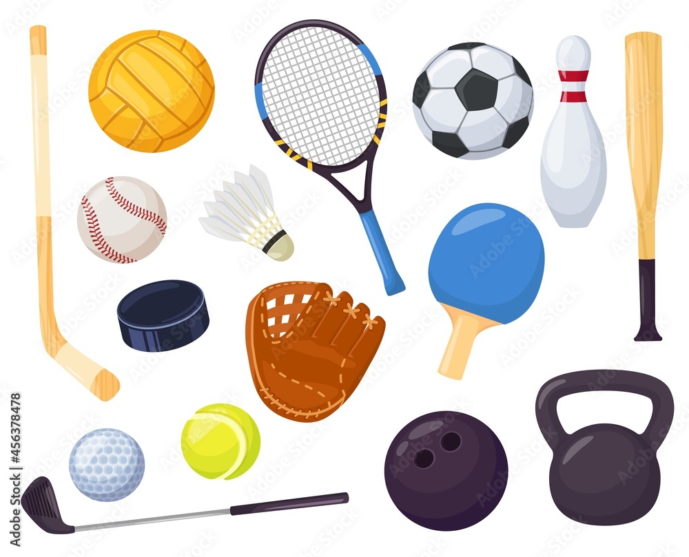 Cartoon sports equipment, different ball games elements. Baseball bat,  bowling pin, hockey stick. Sport recreation activity item vector set. Hobby  tools for tournament or competition Stock Vector | Adobe Stock