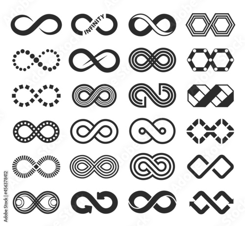 Infinity icon, infinite symbol sign, eternal loop logo. Black unlimited arrow strokes, endless rings, mobius shape symbols vector set. Curvy futuristic identity logotype, modern emblems