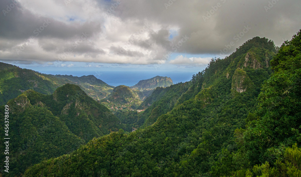 Madeira island view. Mountains and ocean. 