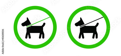 Walking with the dog, keep your dog on a leash. Cartoon walk with hound and lead icon. Pet on lead allowed only. Vector stick figure dog pictogram. Silhouette of a dog. Stickfigure or stickman logo