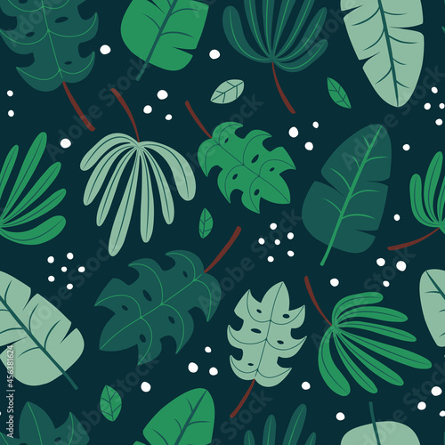 Vector seamless pattern with doodle jungle leaves