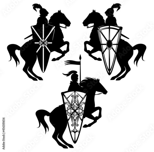 medieval style fantasy knight hero with horse and heraldic shield - black and white vector guard emblem design set