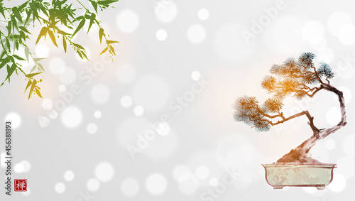 Bonsai pine tree and green bamboo leaves on white glowing background. Traditional oriental ink painting sumi-e, u-sin, go-hua. Translation of hieroglyph - zen
