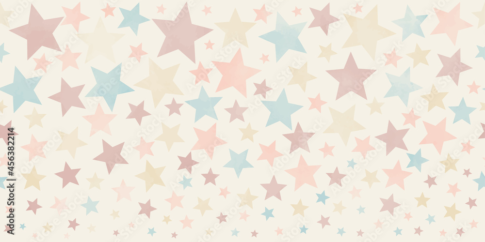 Seamless pastel watercolor old background texture with multicolor stars. Pastel color stars on the beige background.  Aged painted illustration. Hand drawn template. Wrapping paper. Vintage. Retro.