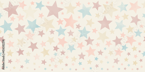 Seamless pastel watercolor old background texture with multicolor stars. Pastel color stars on the beige background.  Aged painted illustration. Hand drawn template. Wrapping paper. Vintage. Retro.