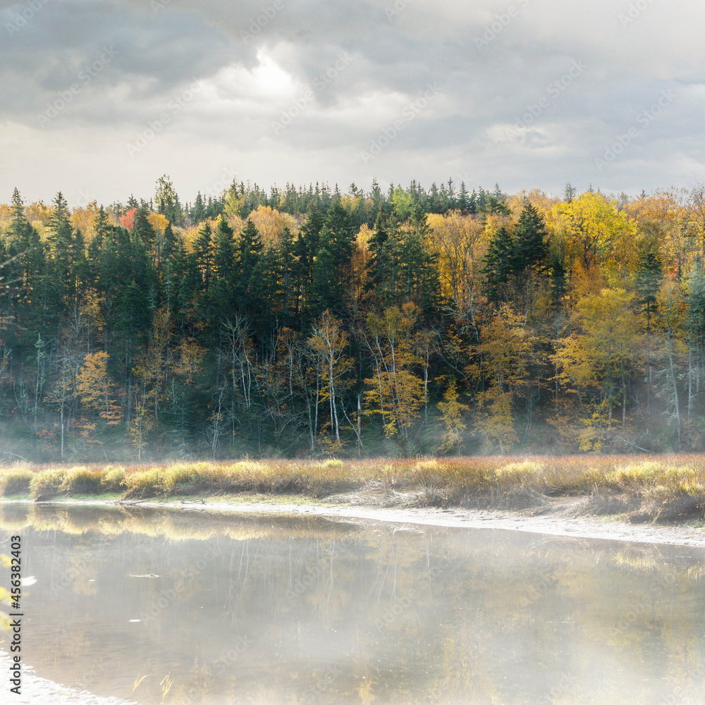 Autumn mist rising off a slow moving river.