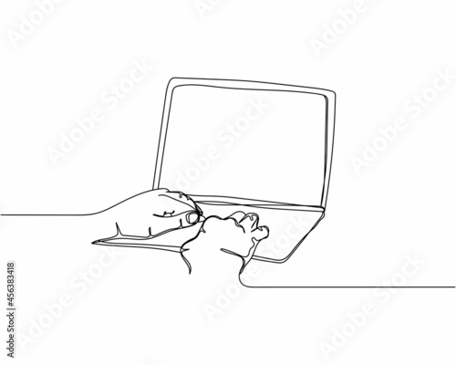 Continuous one line drawing of computer laptop that putting on working in silhouette icon on a white background. Linear stylized.