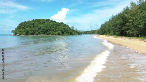 Aerial drone view of small island near tropical Layan Beach area in Phuket, Thailand photo