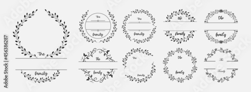 Set of family monogram frame with floral decoration vector illustration, emblem badge monogram with blank space for family, greeting and wedding