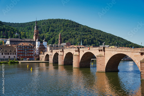 The historic city of Heidelberg with the Old Bridge, river Neckar and the Bridge Gate. Germany.