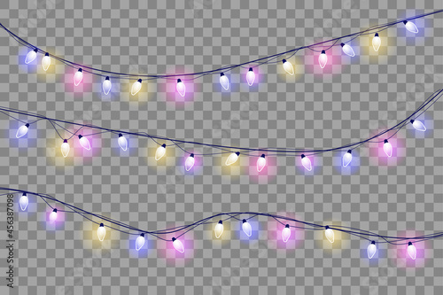 Set of festive colorful garlands. Christmas hanging lights. Isolated vector illustration. Pink, blue, green and yellow big round light bulbs.