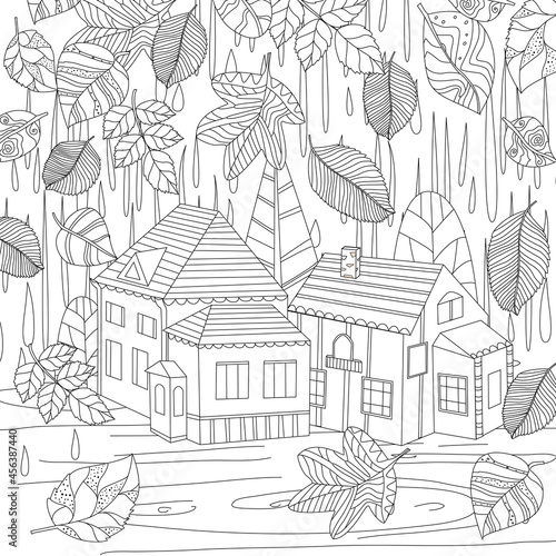 falling autumn bizarre leaves and rain on cute little houses and