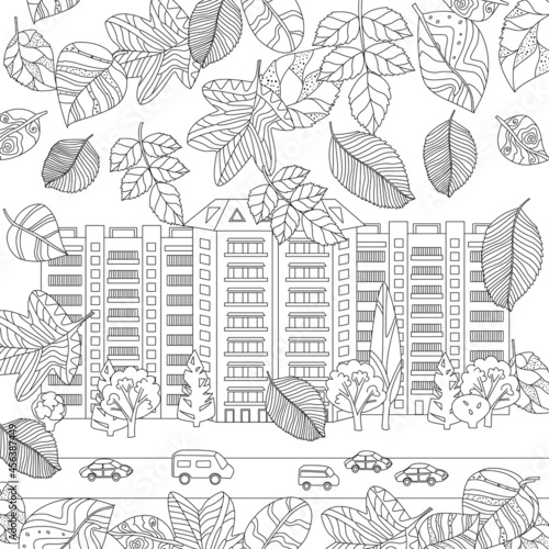 cityscape with falling autumn bizarre leaves for your coloring b