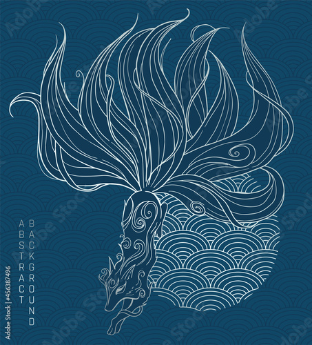 vector abstract illustration of japanese fantasy creature nine tailed fox kitsune in blue and silver colours