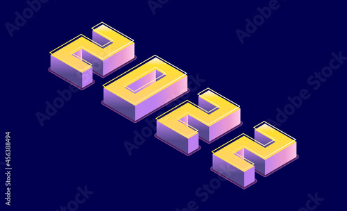 Vector illustration with isometric number 2022 in yellow and purple colours. 3D digits in vintage style on the dark background. Year 2022. Template for postcard  Festive poster and web banner.