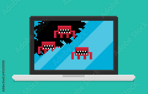 Pixel art, vector illustration of laptop attacked by computer viruses. Viruses are eating laptop screen. 