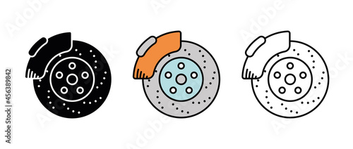 Brake and pad parts icon set of vehicles. Car parts line icons. Automobile manufacturing icon set. Silhouette, colorful and linear set.