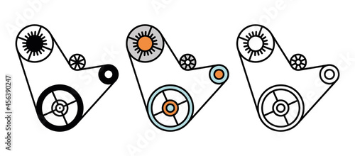 Vehicles engine belt and pulley parts icon set. Car parts line icons. Automobile manufacturing icon set. Silhouette, colorful and linear set.
