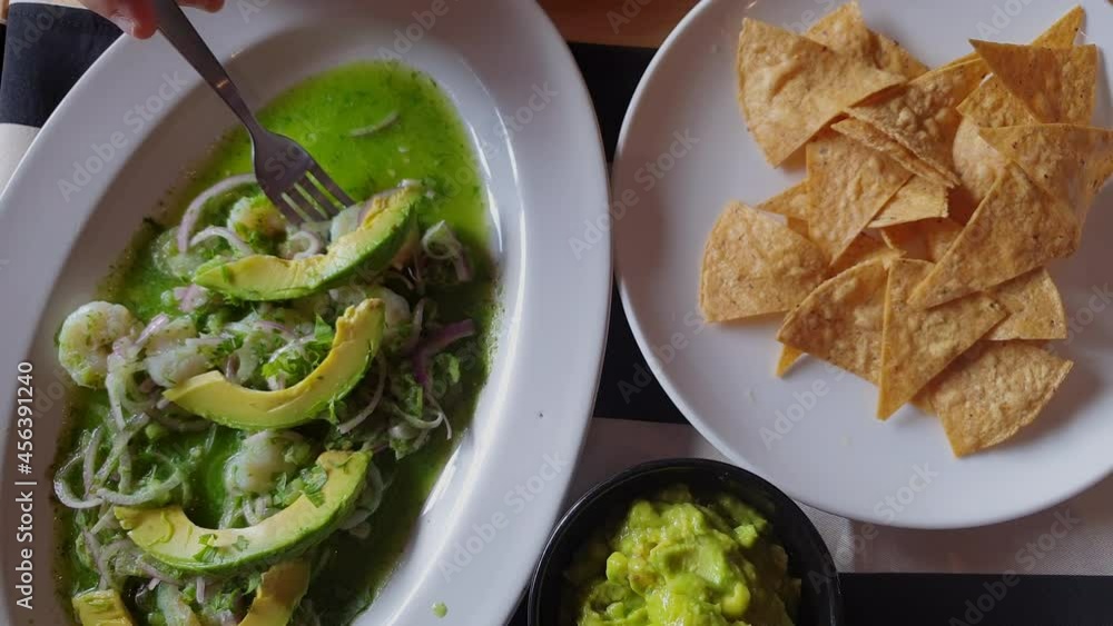 Mexican food top view shot nachos guacamole dip and prawn shrimp lime avocado salad Mexican food top view shot nachos guacamole dip and prawn shrimp lime avocado salad