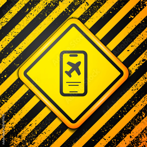 Black Smartphone with electronic boarding pass airline ticket icon isolated on yellow background. Passenger plane mobile ticket for web and app. Warning sign. Vector