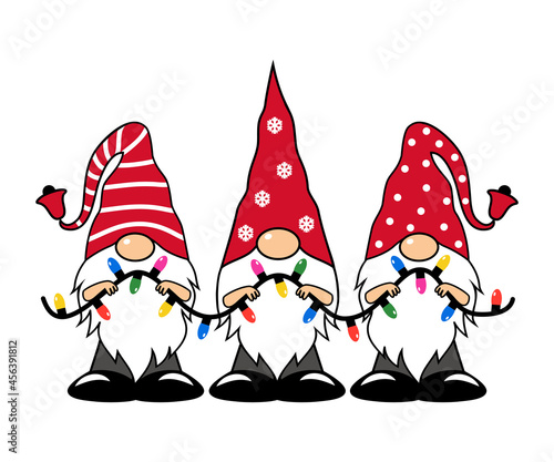 .Three Christmas gnomes with a garland. Vector isolated cartoon character. Christmas card..