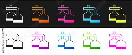 Set Traditional brewing vessels in brewery icon isolated on black and white background. Beer brewing process. Distillery plant, brewery. Vector