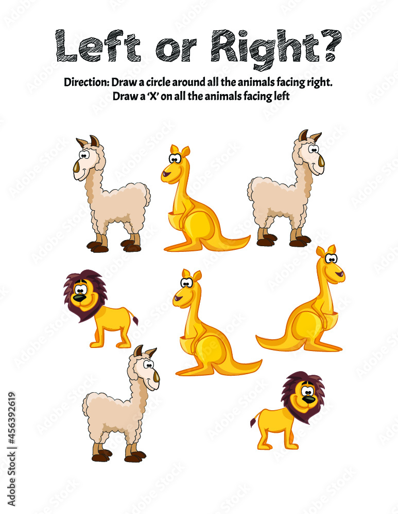 Fototapeta premium Left or Right - Learning Left and Right School Worksheets, Kindergarten Worksheets.