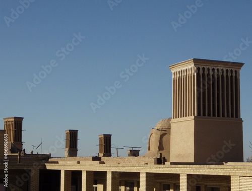 Many wind catcher in yazd iran.the local wisdom for adapt wind flow cool temperature to the building in desert area.