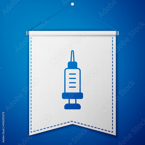 Blue Addiction to the drug icon isolated on blue background. Heroin, narcotic, addiction, illegal. Sick junkie with a syringe and medical pills. White pennant template. Vector