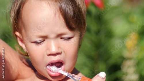 Wallpaper Mural Little girl at age of two is brushing her teeth in summer garden
 Torontodigital.ca
