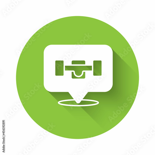 White Skateboard wheel icon isolated with long shadow background. Skateboard suspension. Skate wheel. Green circle button. Vector