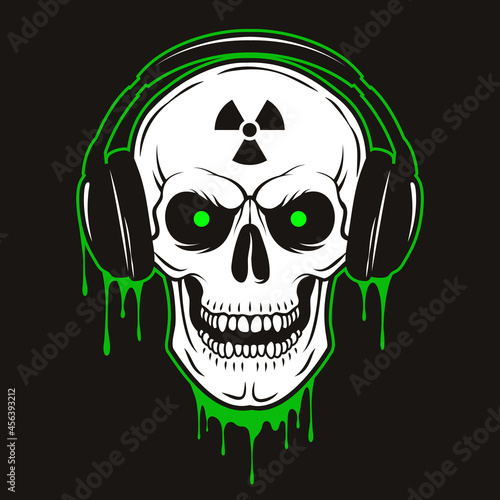 Vector grunge human skull with headphones and radiation sign
