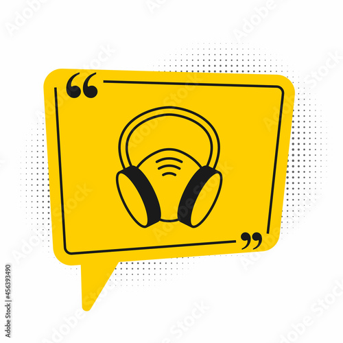 Black Gas mask icon isolated on white background. Respirator sign. Yellow speech bubble symbol. Vector