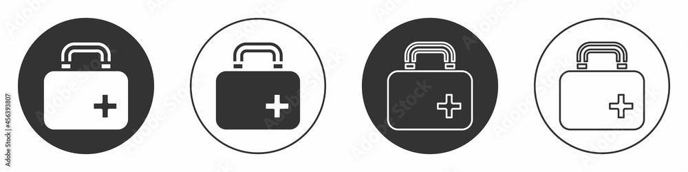Black First aid kit icon isolated on white background. Medical box with cross. Medical equipment for emergency. Healthcare concept. Circle button. Vector Black First aid kit icon isolated on white background. Medical box with cross. Medical equipment for emergency. Healthcare concept. Circle button. Vector