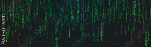 Matrix background. Green falling digits. Zero and one running numbers. Wide binary backdrop with glowing lines. Abstract futuristic wallpaper. Vector illustration